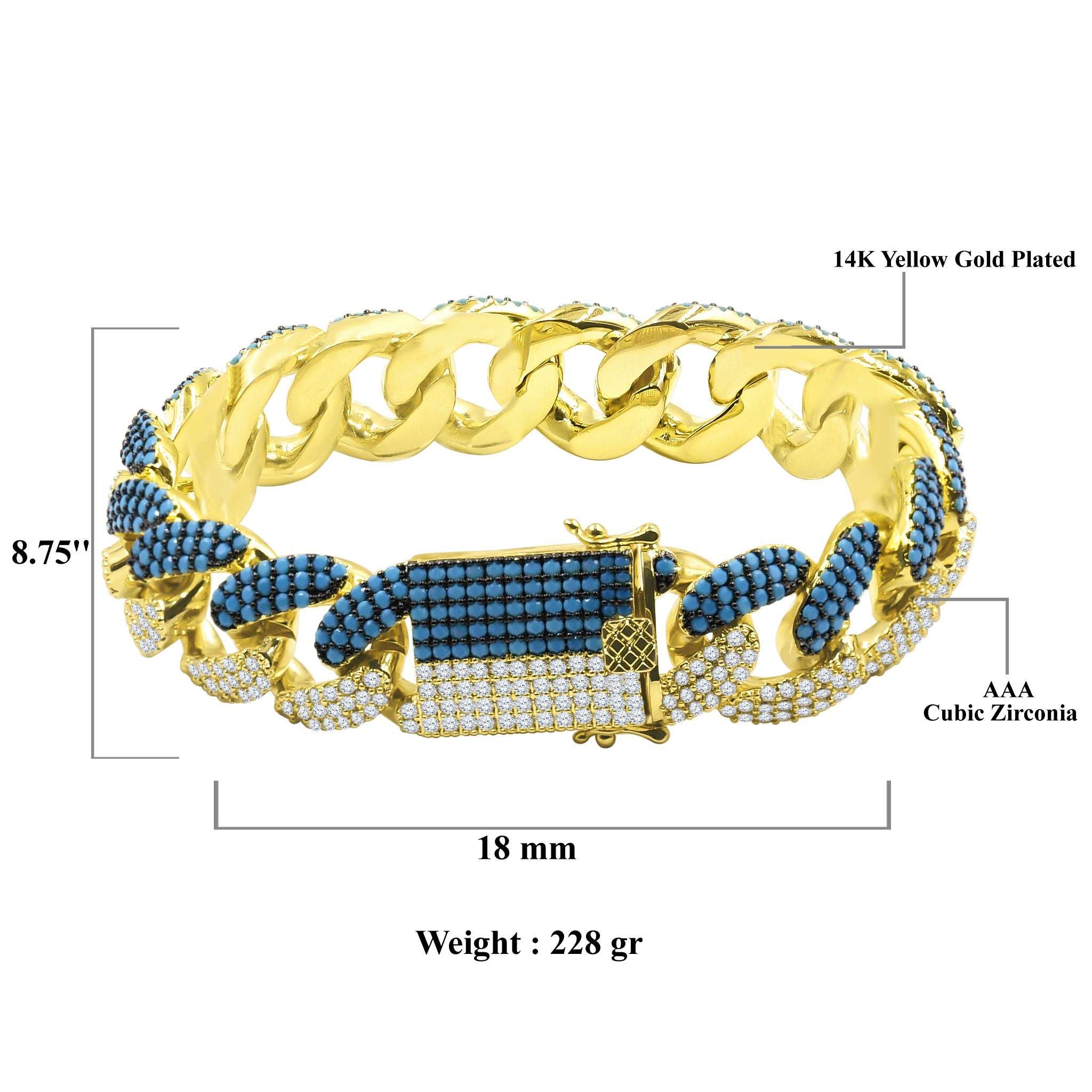 “14K Gold Plated Cuban Link Bracelet – 18mm Iced Out with AAA Cubic Zirconia, 7 Inch, Hip Hop Jewelry for Men 961531