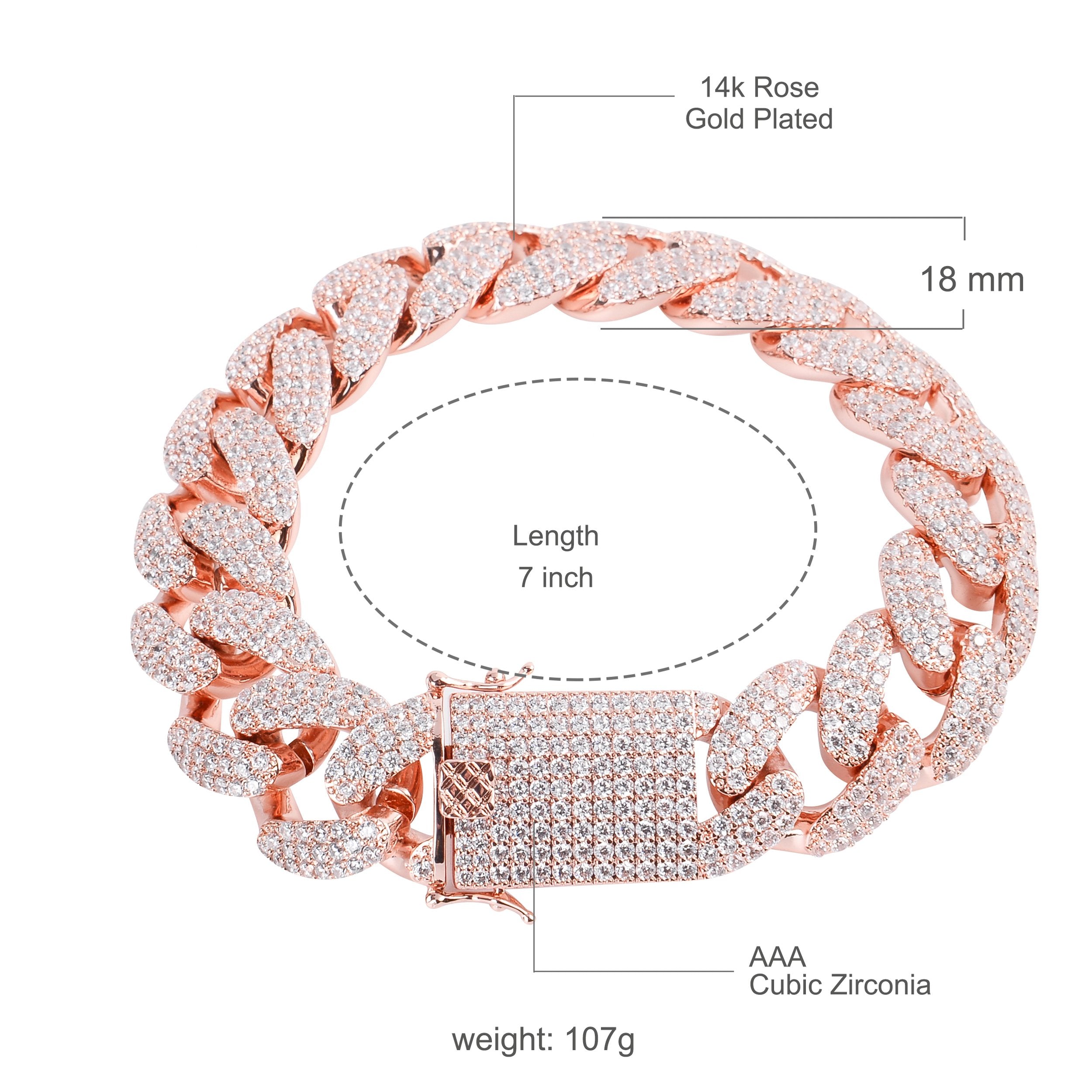 “14K Gold Plated Cuban Link Bracelet – 18mm Iced Out with AAA Cubic Zirconia, 7 Inch, Hip Hop Jewelry for Men 961531