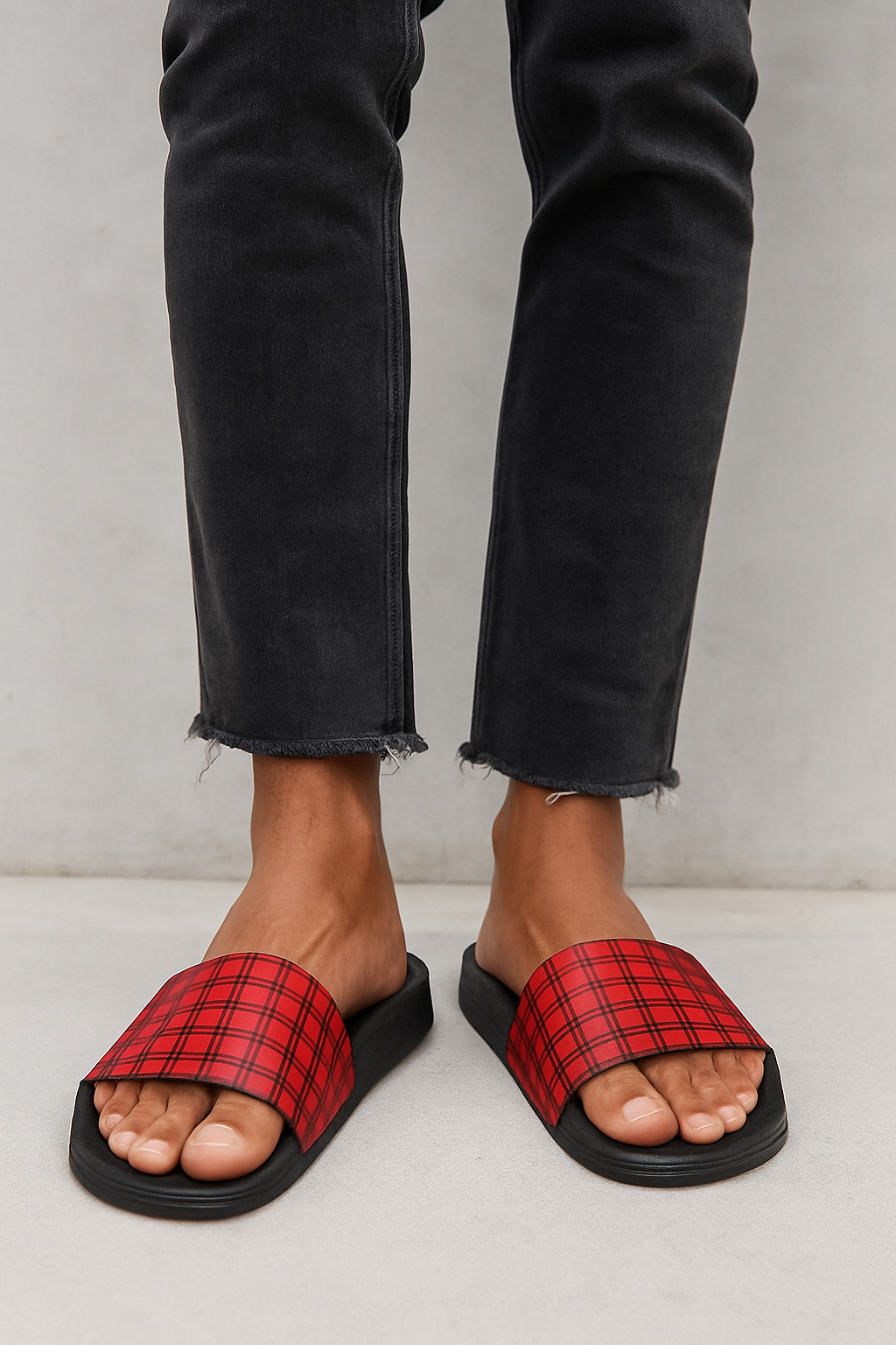 Mens Slide Sandals - Buffalo Plaid Red