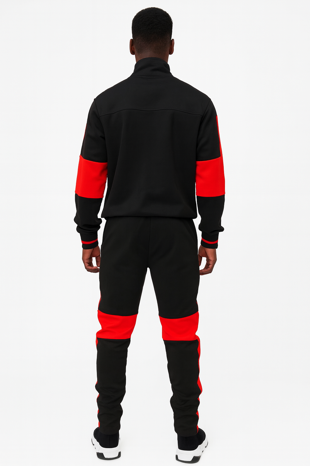 Men’s Color Block Track Suit – White, Black & Red Zip-Up Jacket with Matching Joggers