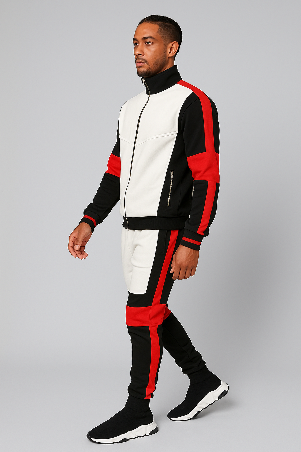 Men’s Color Block Track Suit – White, Black & Red Zip-Up Jacket with Matching Joggers
