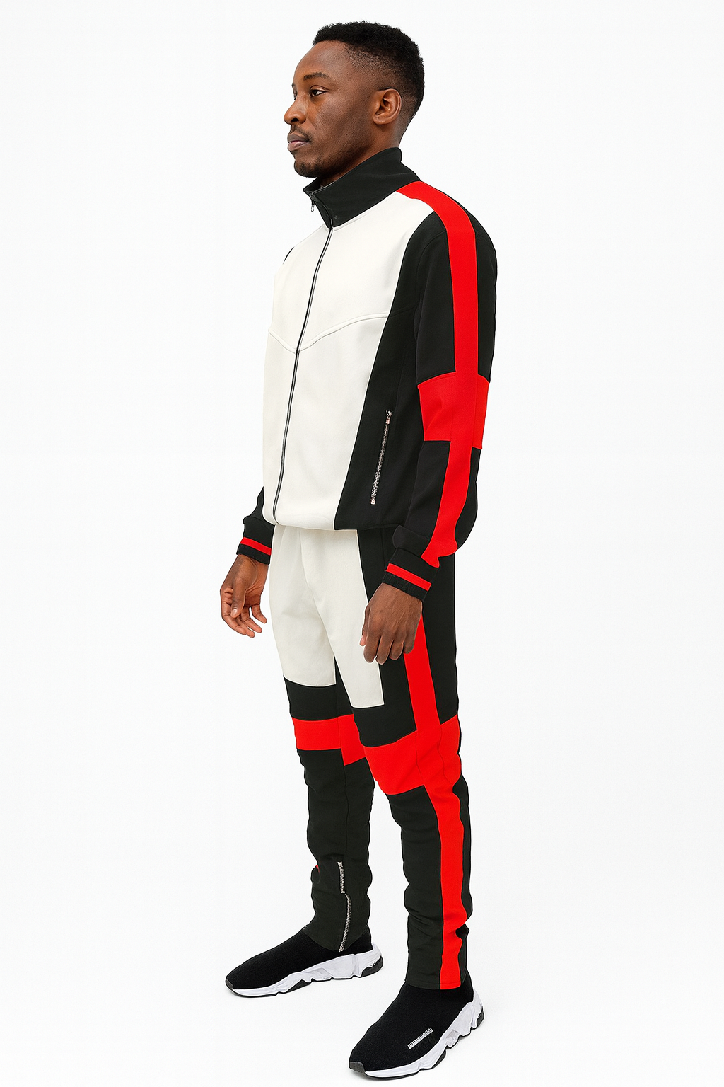 Men’s Color Block Track Suit – White, Black & Red Zip-Up Jacket with Matching Joggers