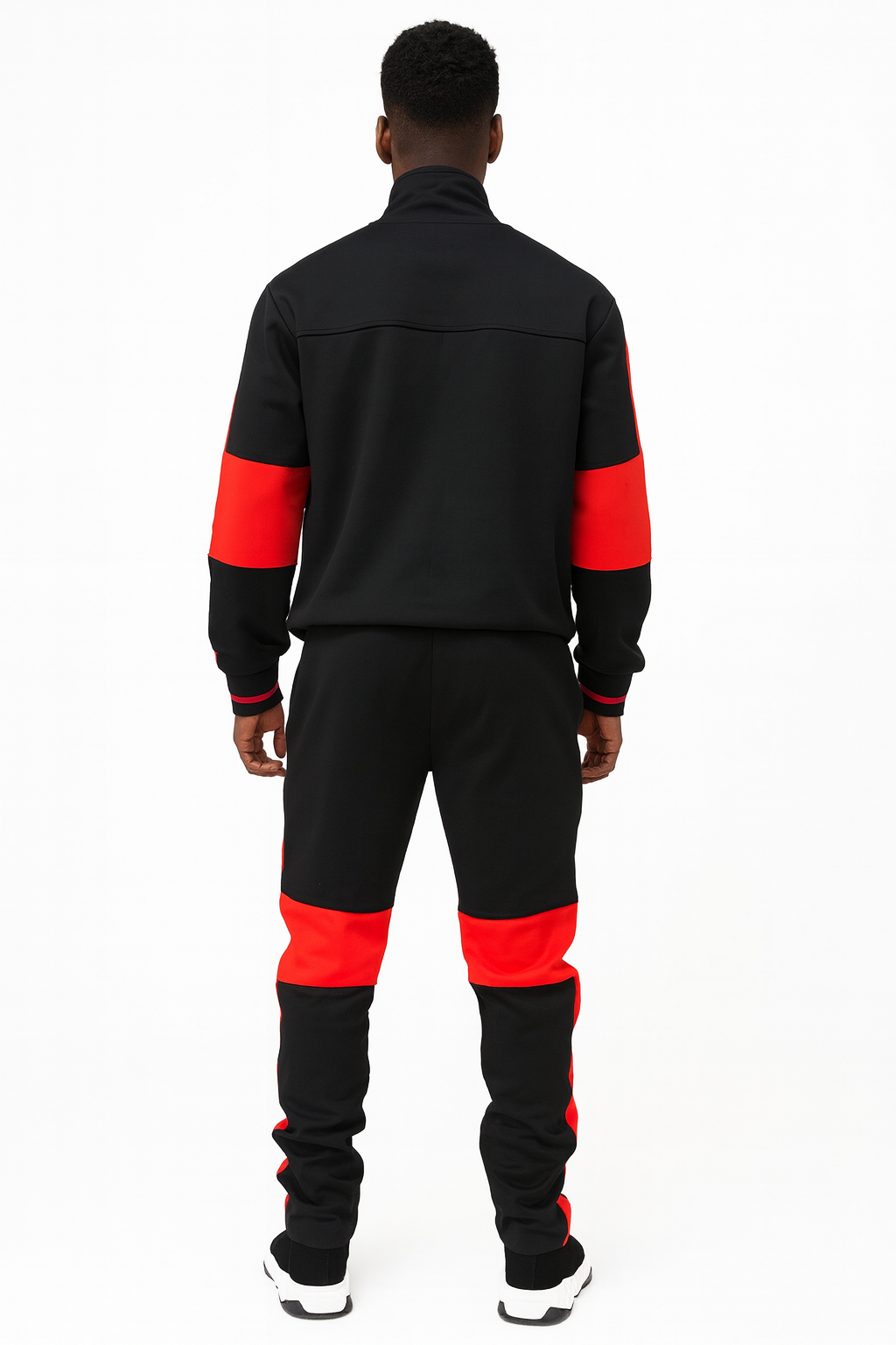 Men’s Color Block Track Suit – White, Black & Red Zip-Up Jacket with Matching Joggers