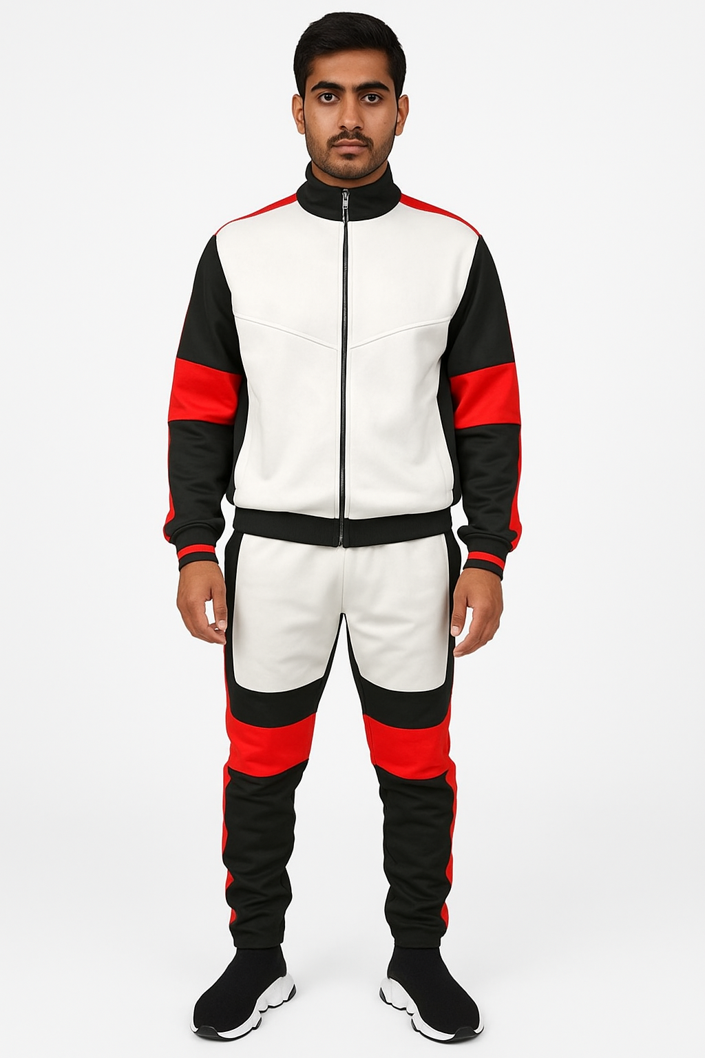Men’s Color Block Track Suit – White, Black & Red Zip-Up Jacket with Matching Joggers