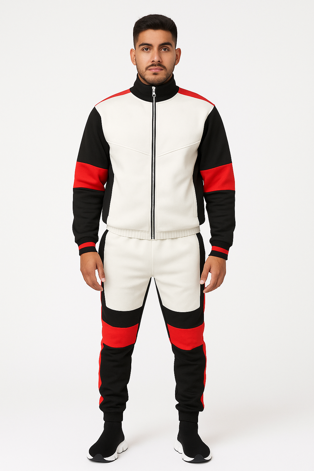 Men’s Color Block Track Suit – White, Black & Red Zip-Up Jacket with Matching Joggers