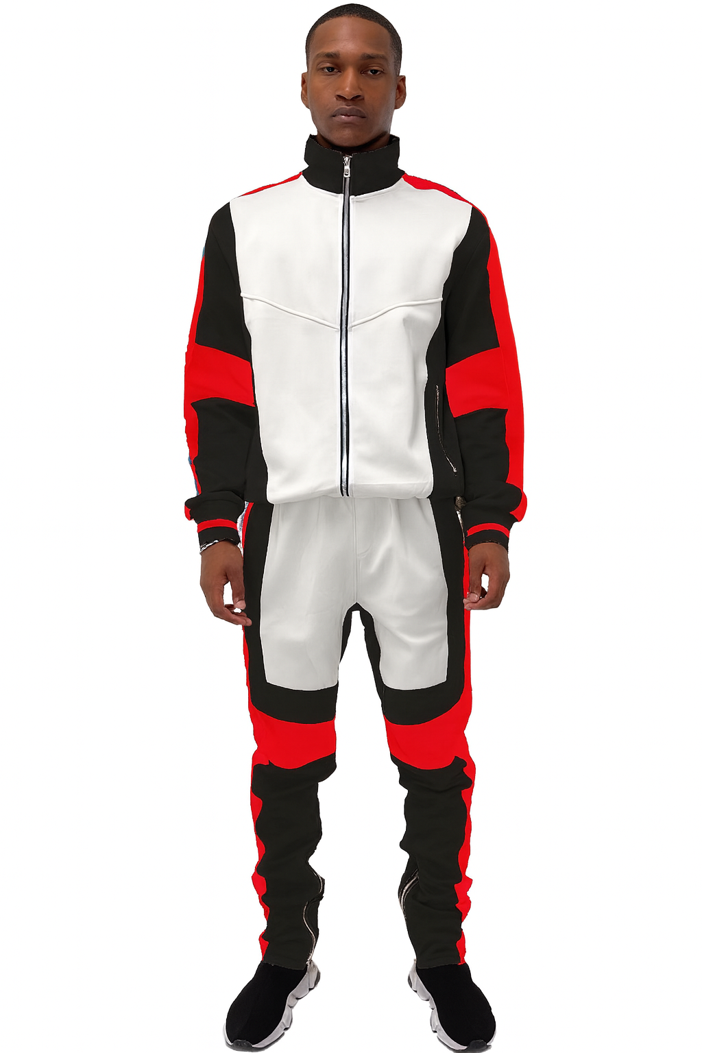 Men’s Color Block Track Suit – White, Black & Red Zip-Up Jacket with Matching Joggers