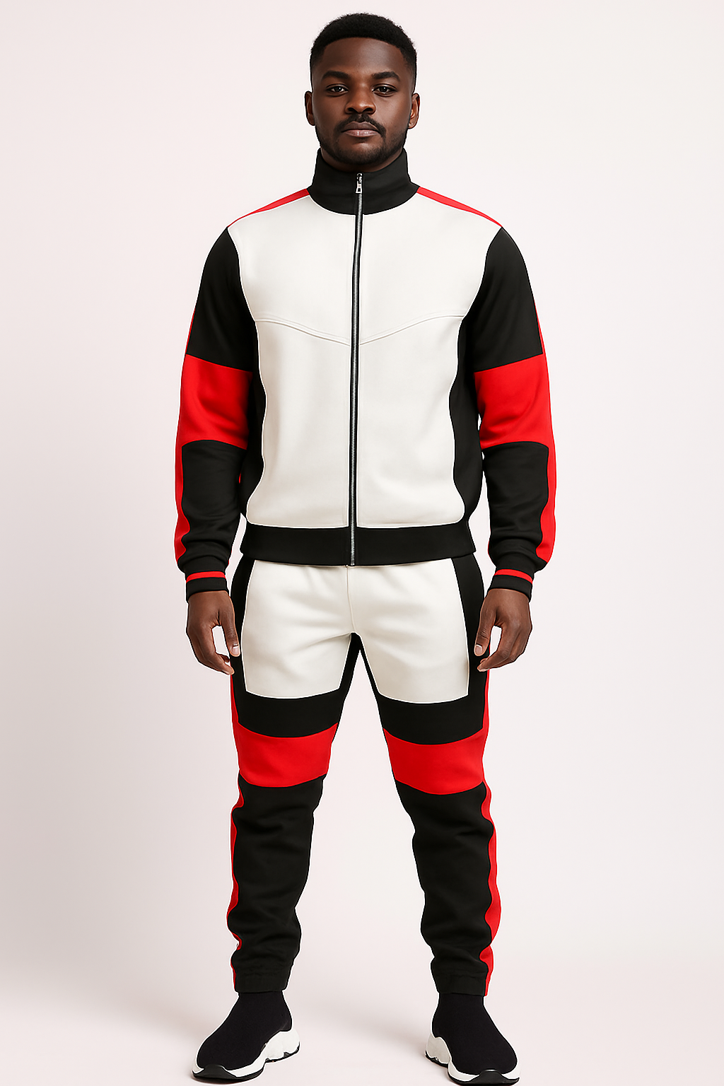 Men’s Color Block Track Suit – White, Black & Red Zip-Up Jacket with Matching Joggers