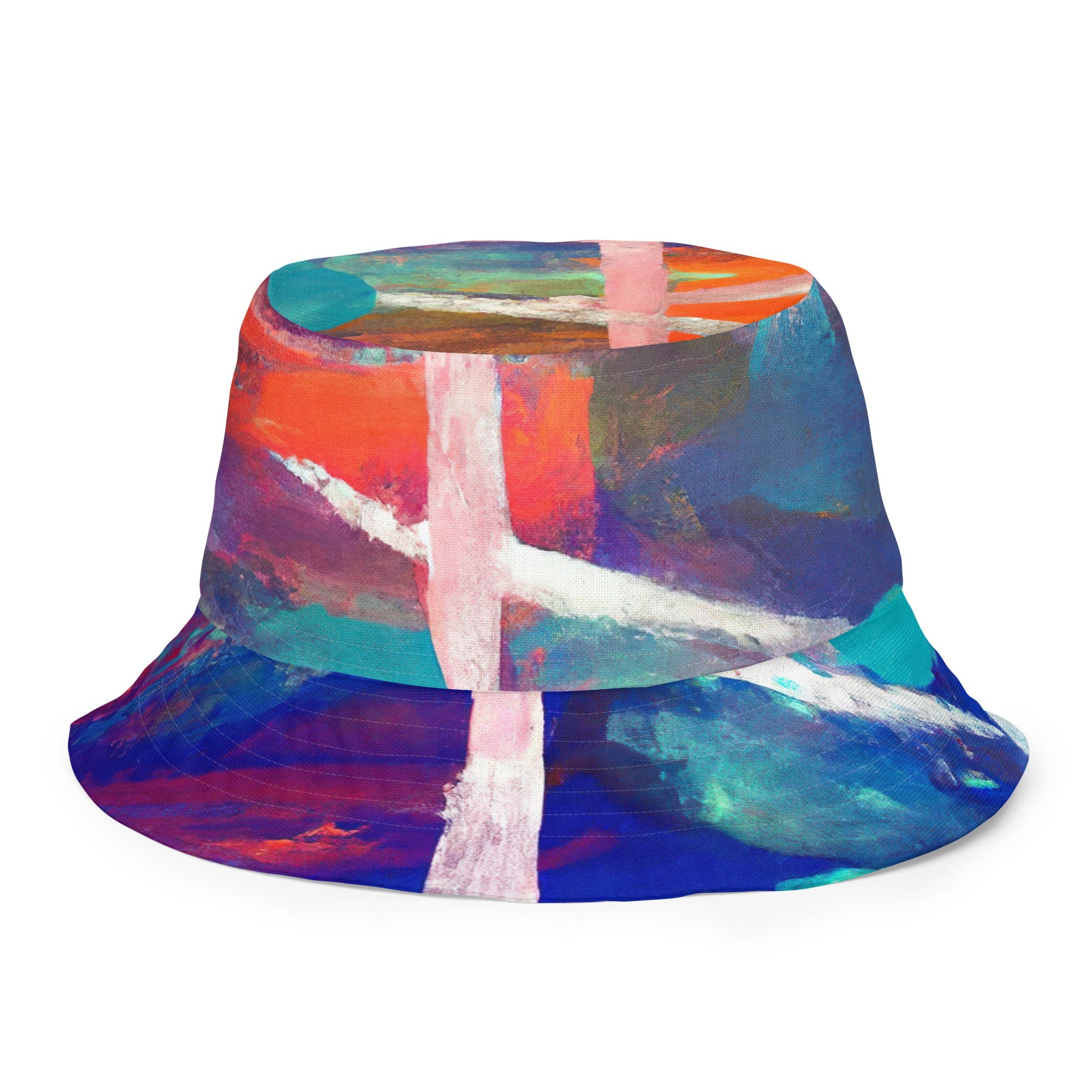 Red Blue Multicolor Abstract Print Reversible Bucket Hat