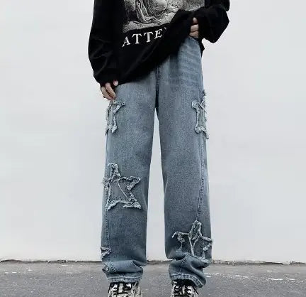 Stars Embroidery Brown Baggy Men Jeans