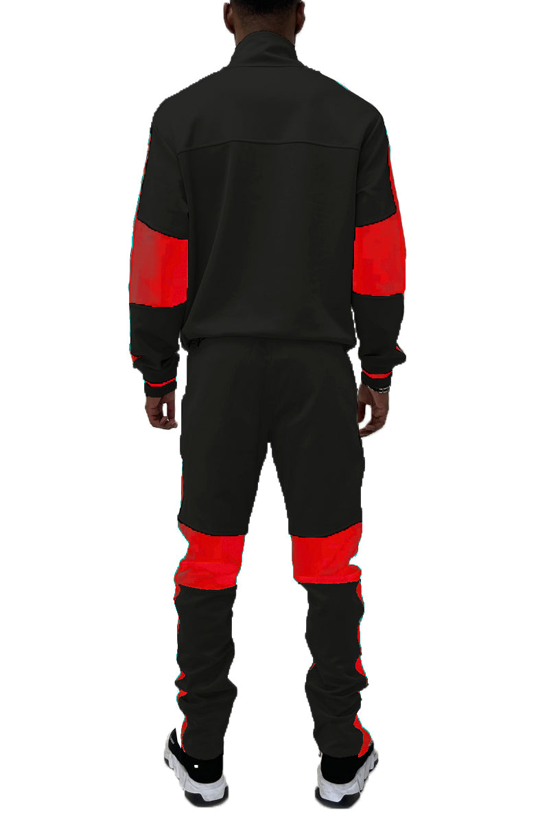 Men’s Color Block Track Suit – White, Black & Red Zip-Up Jacket with Matching Joggers