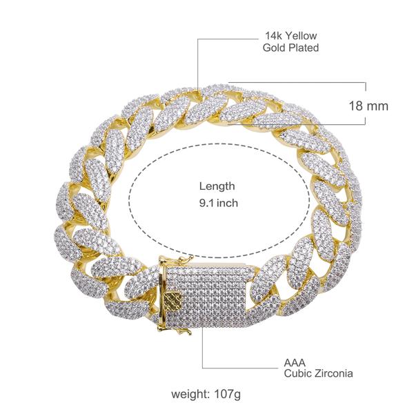“14K Gold Plated Cuban Link Bracelet – 18mm Iced Out with AAA Cubic Zirconia, 7 Inch, Hip Hop Jewelry for Men 961531