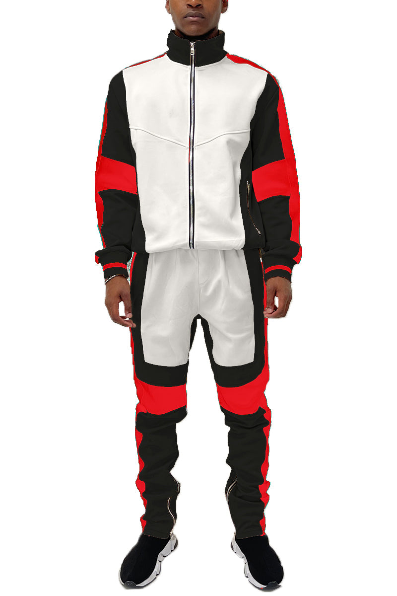 Men’s Color Block Track Suit – White, Black & Red Zip-Up Jacket with Matching Joggers