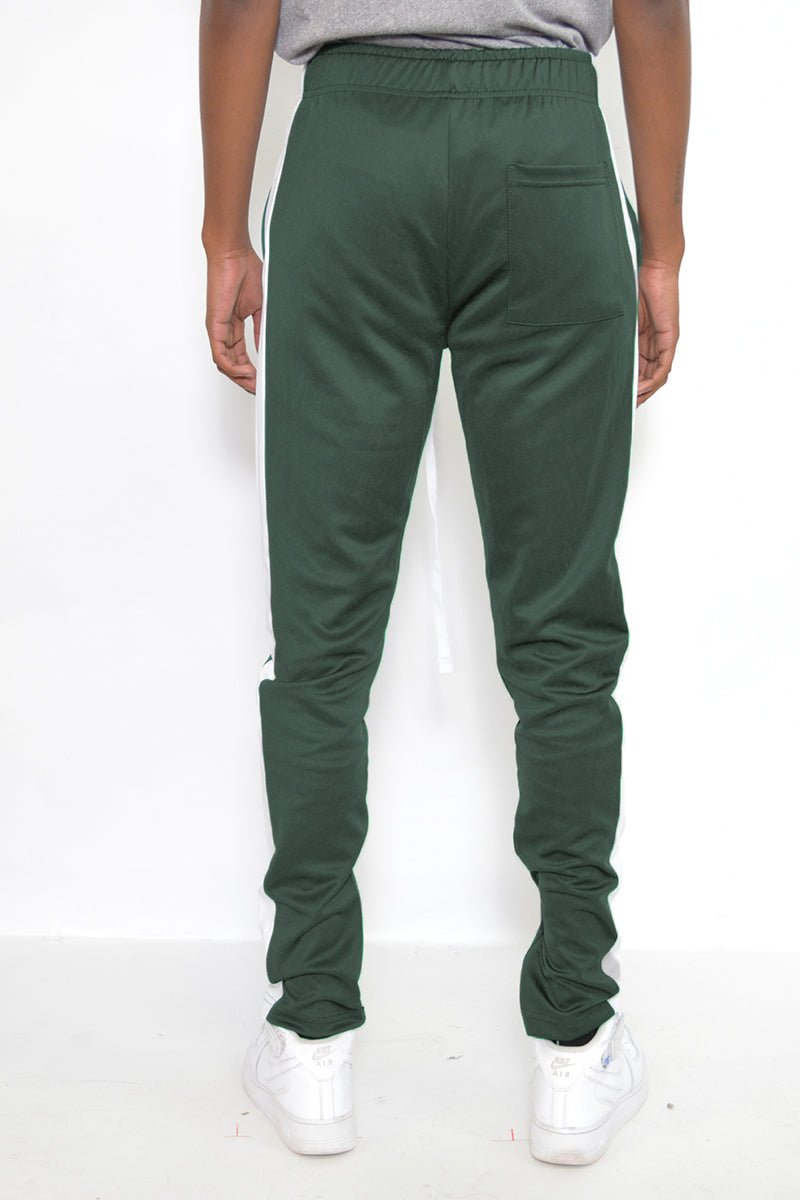 Men’s Green Slim Fit Track Pants with White Side Stripe & Drawstring | Athletic Joggers
