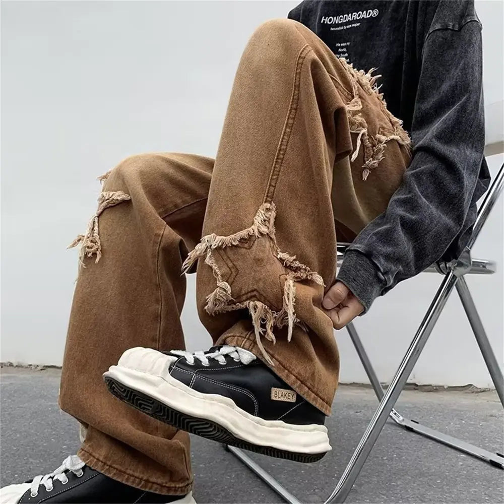 Stars Embroidery Brown Baggy Men Jeans