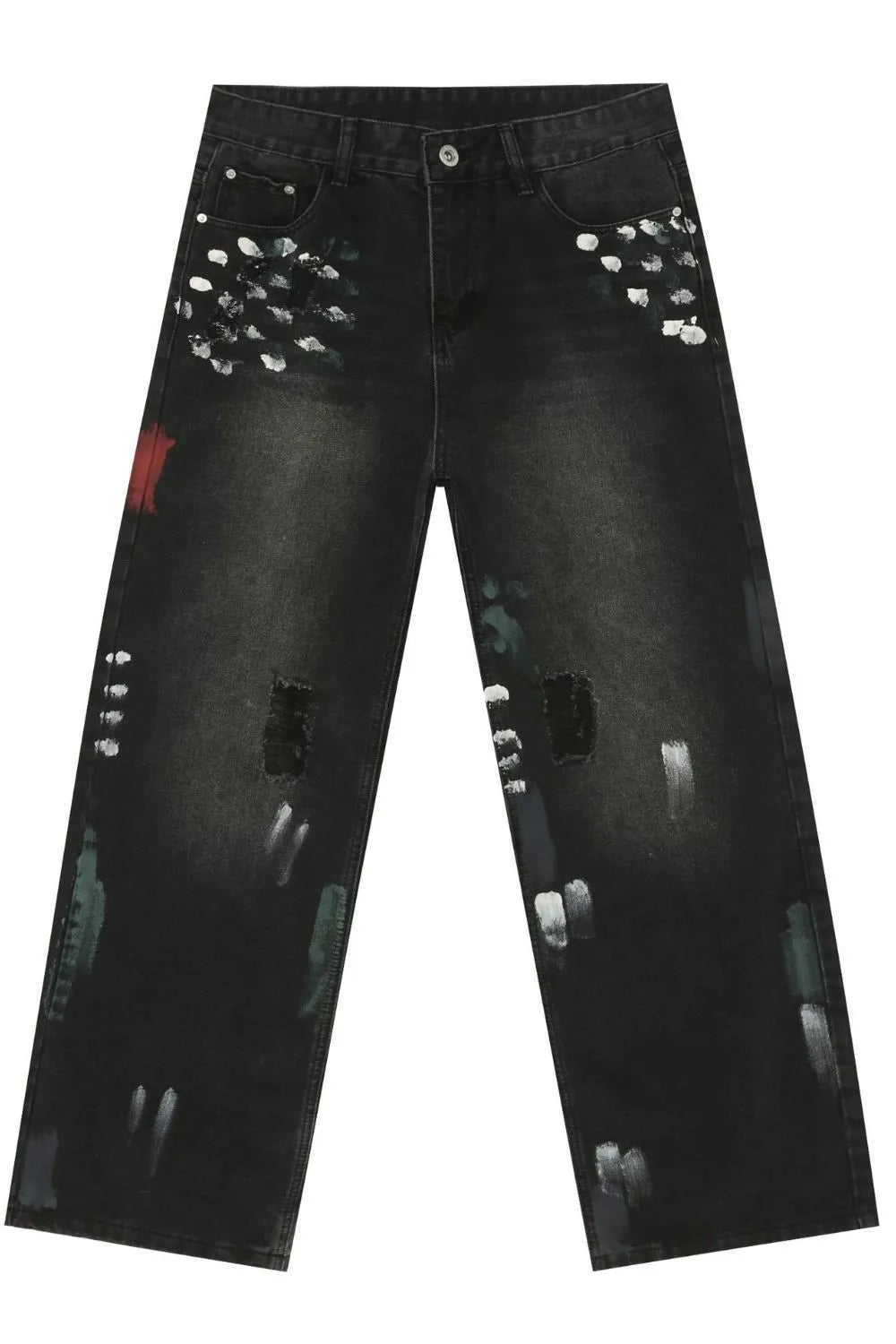 Men’s Distressed Paint Splatter Black Wide Leg DenimJeans