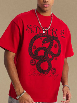Men’s Red Snake Graphic Print T-Shirt – Oversized Gothic Urban Streetwear Tee