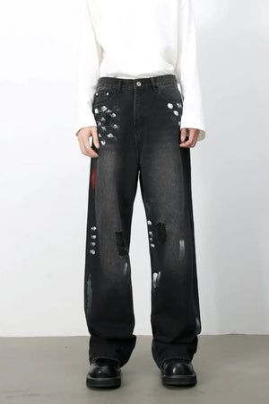 Men’s Distressed Paint Splatter Black Wide Leg DenimJeans