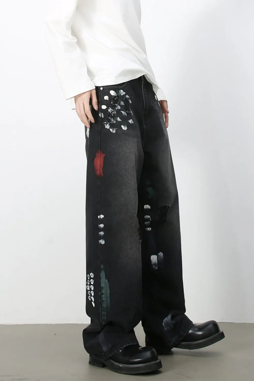 Men’s Distressed Paint Splatter Black Wide Leg DenimJeans