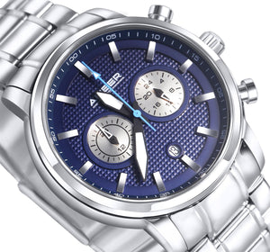 Amber Time Men's Quartz Chronograph Watch Stainless Steel Band 50m