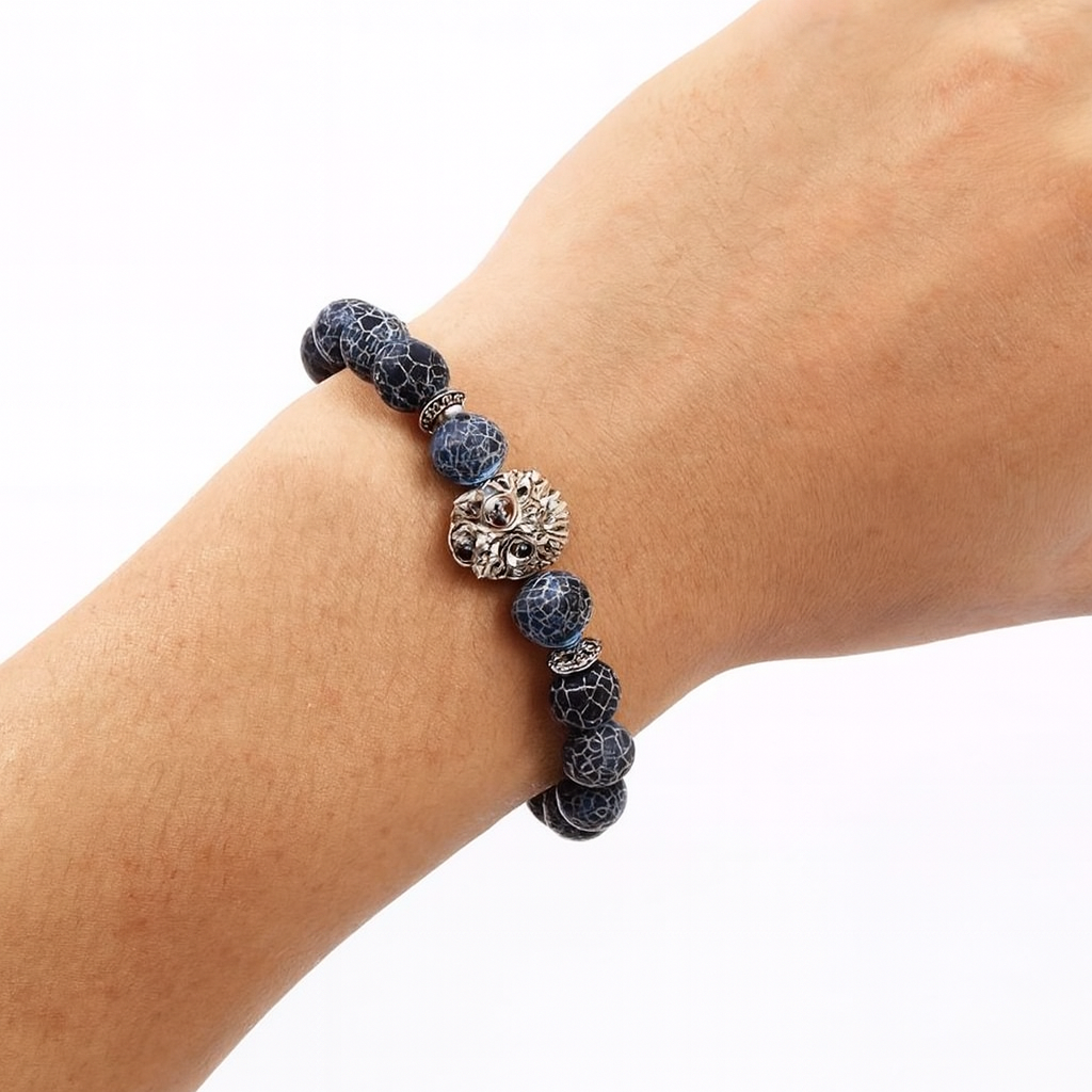Men’s Blue Agate Beaded Lion Head Bracelet – Luxury Natural Stone Bracelet for Strength, Confidence & Style