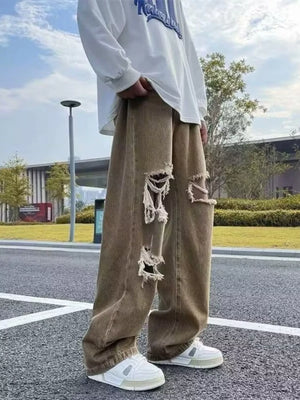 Men’s Relaxed Fit Distressed Wide-Leg Jeans – Vintage Wash Streetwear Denim Pants