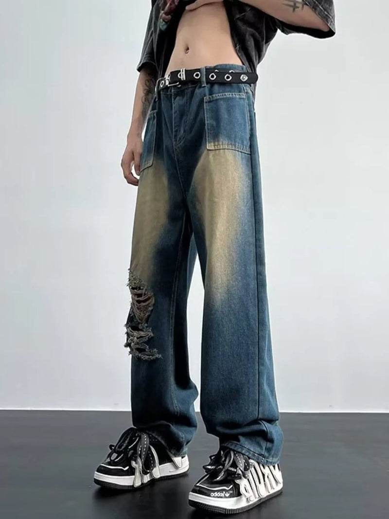 Men's Full Size Distressed Wide Leg Jeans Plus Size