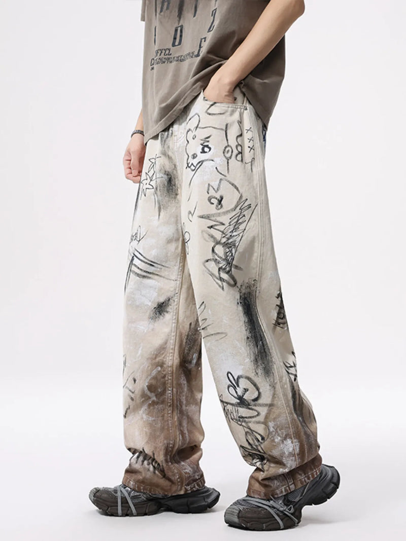 Men's Graffiti Print Wide Leg Jeans