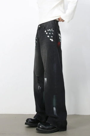 Men’s Distressed Paint Splatter Black Wide Leg DenimJeans