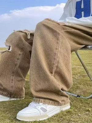 Men’s Relaxed Fit Distressed Wide-Leg Jeans – Vintage Wash Streetwear Denim Pants