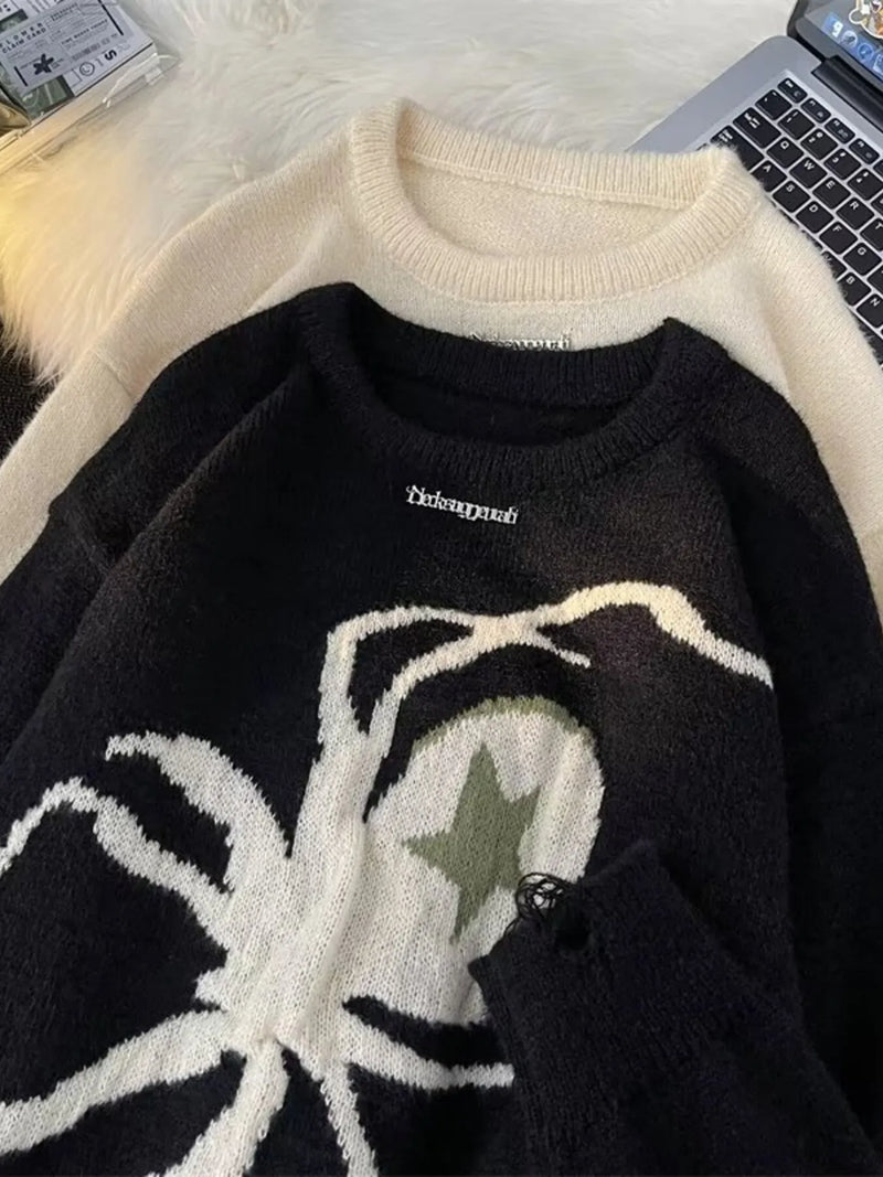 Men's Spider Graphic Distressed Hem Sweater