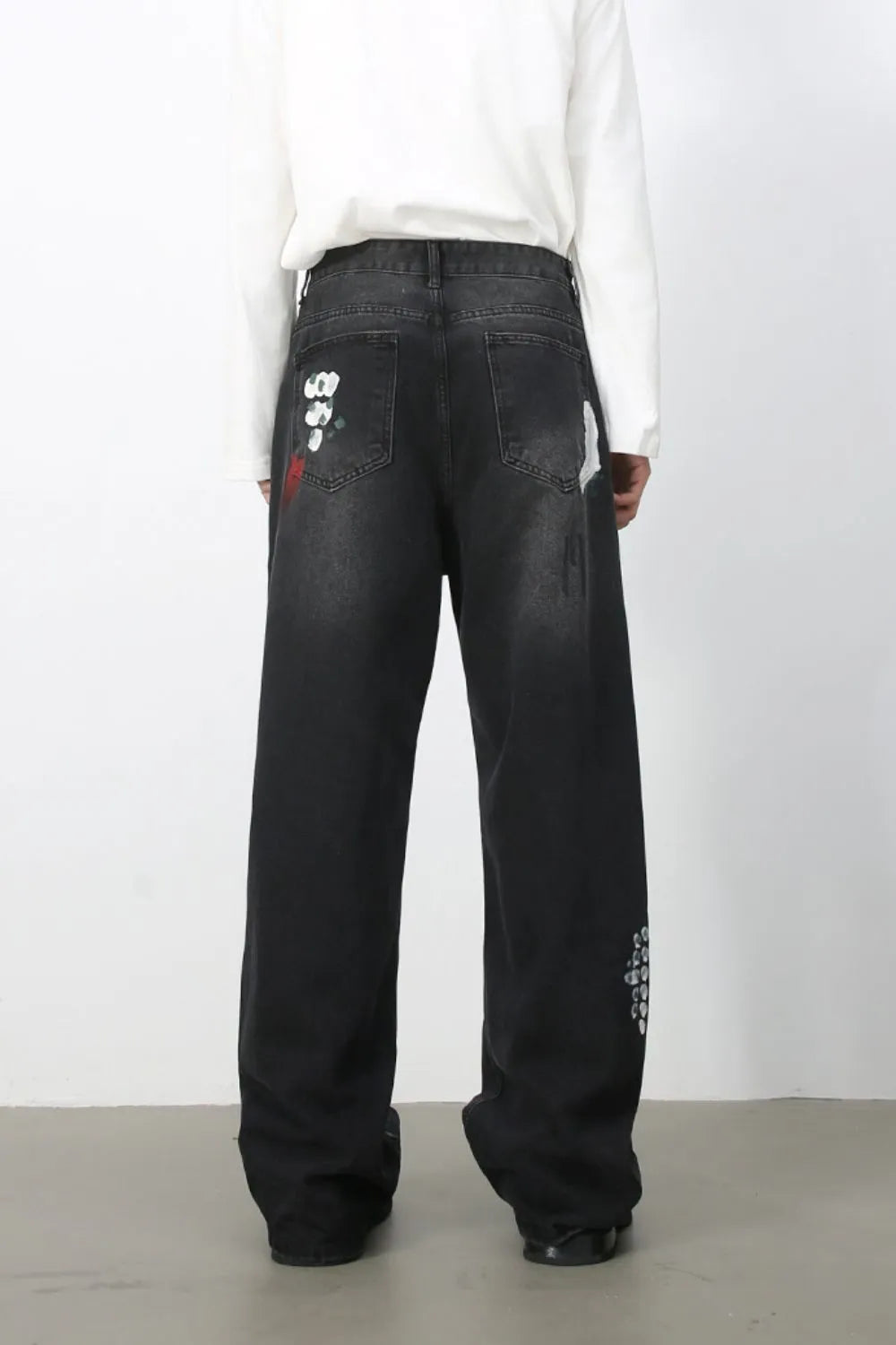 Men’s Distressed Paint Splatter Black Wide Leg DenimJeans