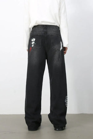 Men’s Distressed Paint Splatter Black Wide Leg DenimJeans