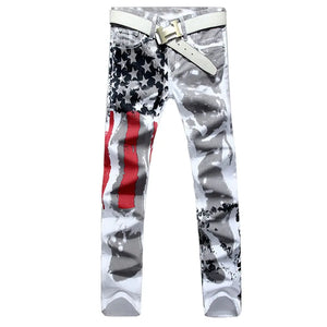 Classlong Men Casual American USA Flag Printed Washed Jeans Pants Mens Graffiti Print White Hip-hop Fashion Jean Slim Fit Trousers (34 White)