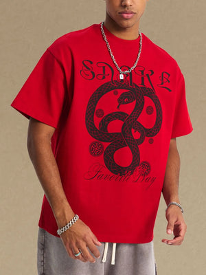 Men’s Red Snake Graphic Print T-Shirt – Oversized Gothic Urban Streetwear Tee