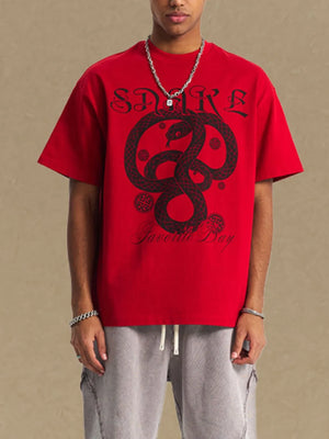 Men’s Red Snake Graphic Print T-Shirt – Oversized Gothic Urban Streetwear Tee