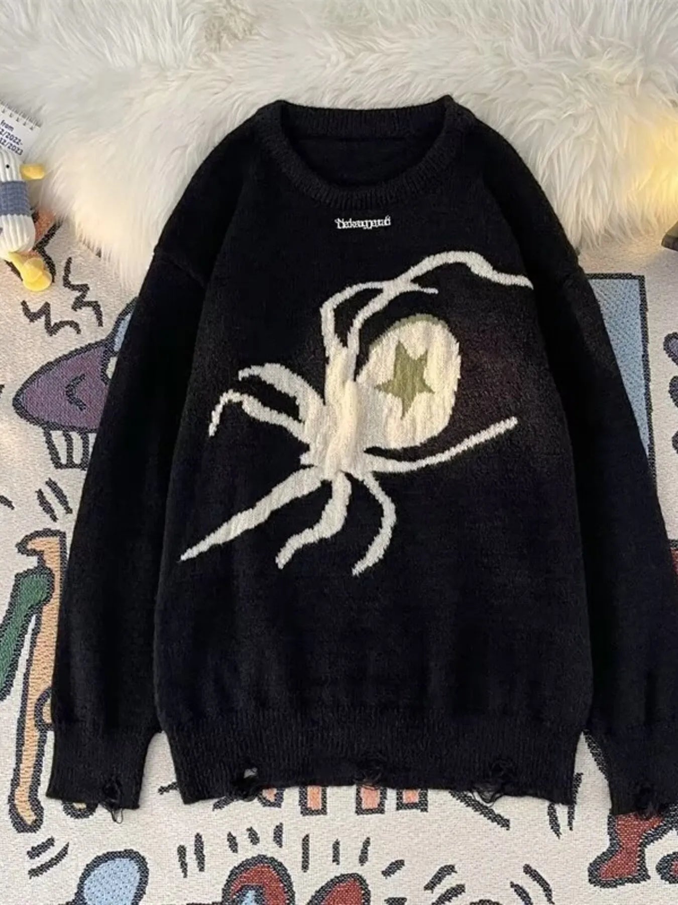 Men's Spider Graphic Distressed Hem Sweater