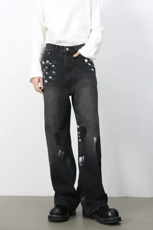 Men’s Distressed Paint Splatter Black Wide Leg DenimJeans
