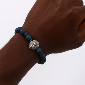Men’s Blue Agate Beaded Lion Head Bracelet – Luxury Natural Stone Bracelet for Strength, Confidence & Style