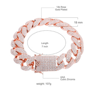“14K Gold Plated Cuban Link Bracelet – 18mm Iced Out with AAA Cubic Zirconia, 7 Inch, Hip Hop Jewelry for Men 961531