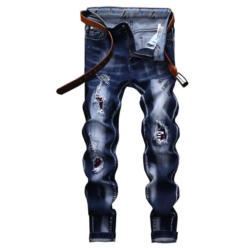 N//C Jeans Men Ripped Denim Pants Straight Slim Fit Regular Distressed Comfort Flex (Blue W31 X L31)