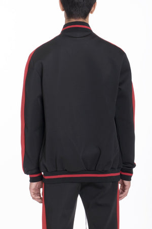 Men’s Black and Red Streetwear Tracksuit Jacket – Athletic Zip-Up Hoodie with Bold Side Stripes