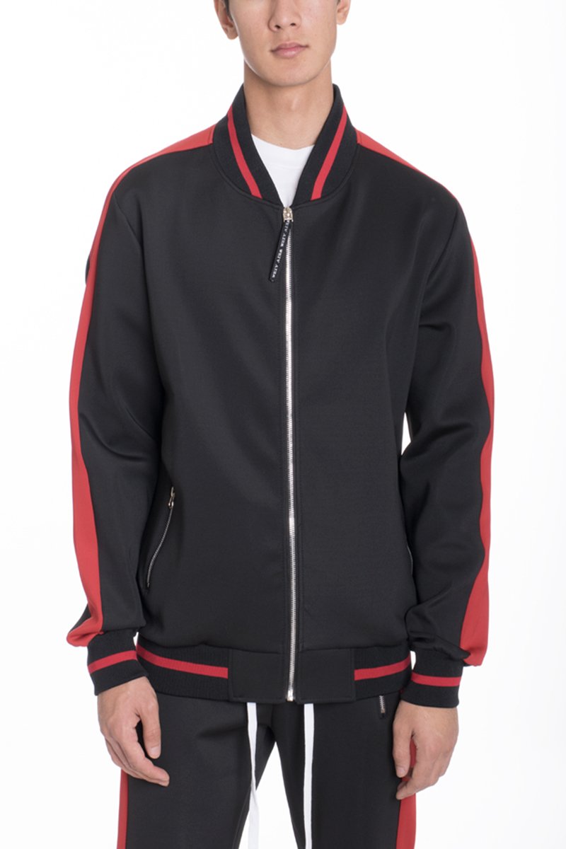 Men’s Black and Red Streetwear Tracksuit Jacket – Athletic Zip-Up Hoodie with Bold Side Stripes