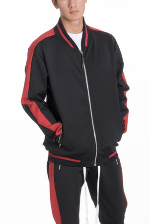 Men’s Black and Red Streetwear Tracksuit Jacket – Athletic Zip-Up Hoodie with Bold Side Stripes