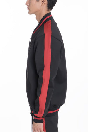 Men’s Black and Red Streetwear Tracksuit Jacket – Athletic Zip-Up Hoodie with Bold Side Stripes