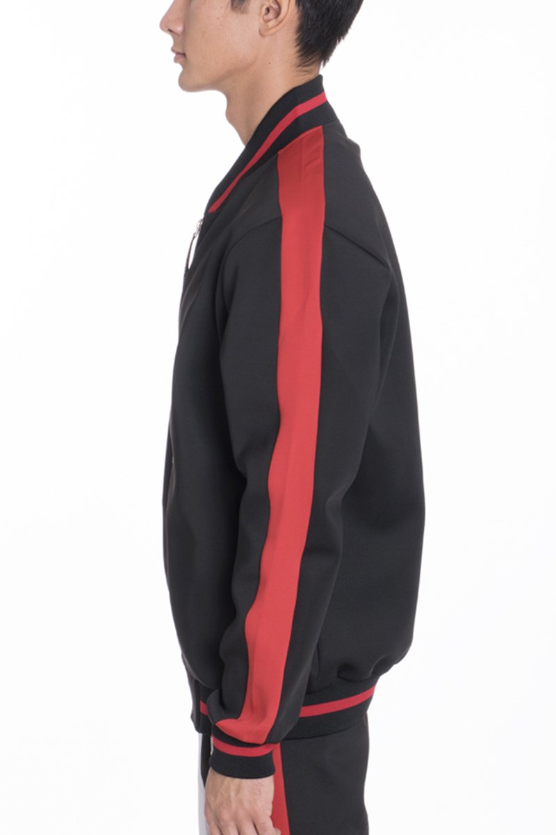 Men’s Black and Red Streetwear Tracksuit Jacket – Athletic Zip-Up Hoodie with Bold Side Stripes