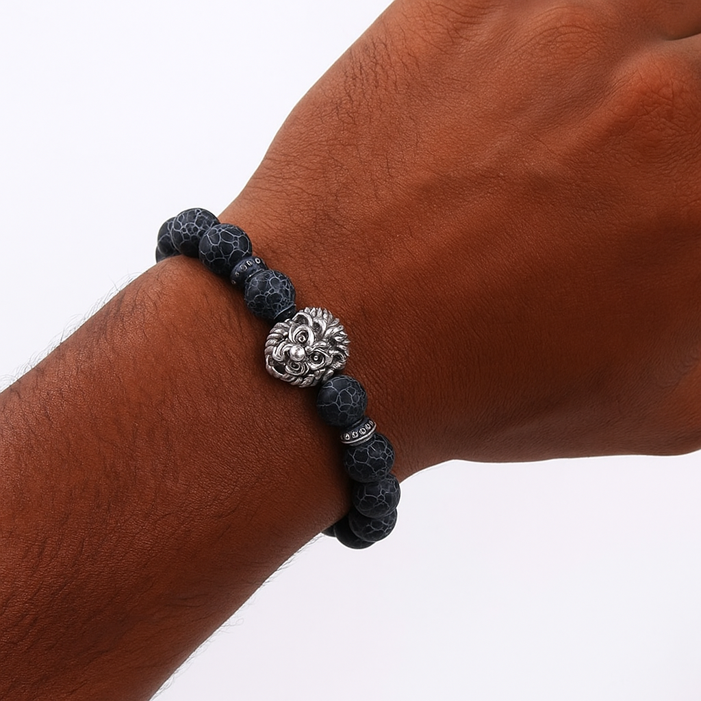 Men’s Blue Agate Beaded Lion Head Bracelet – Luxury Natural Stone Bracelet for Strength, Confidence & Style