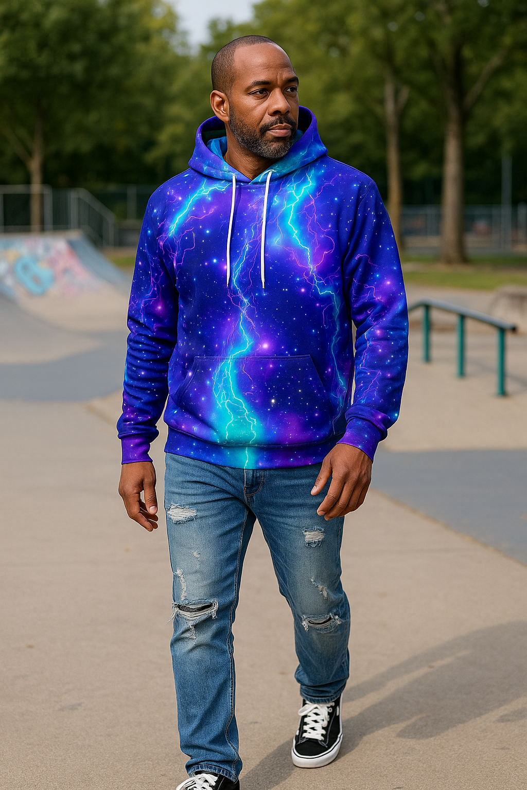 Galaxy Lightning Pullover Hoodie for Men – 3D Cosmic Print, Streetwear Style