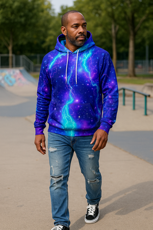 Galaxy Lightning Pullover Hoodie for Men – 3D Cosmic Print, Streetwear Style