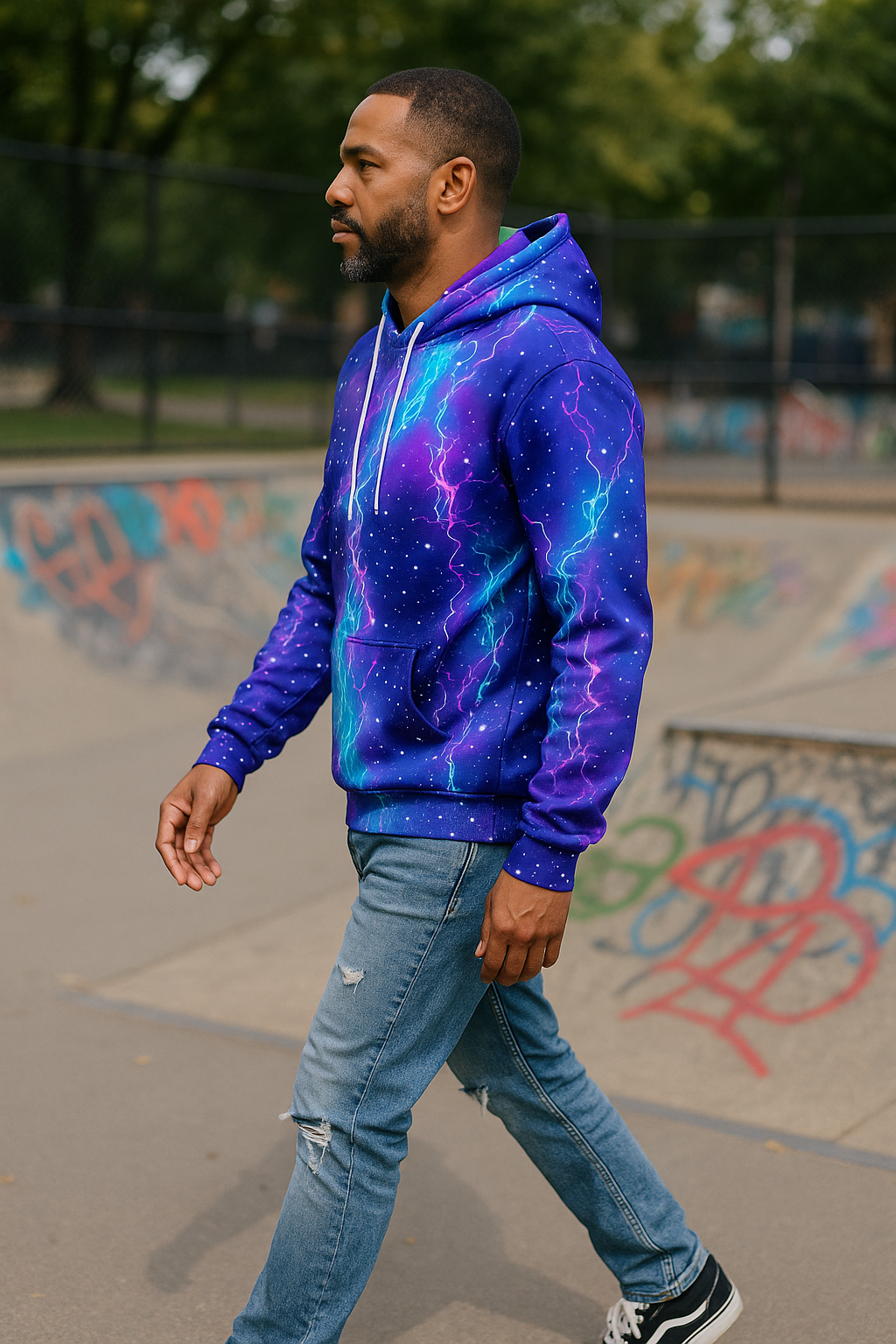 Galaxy Lightning Pullover Hoodie for Men – 3D Cosmic Print, Streetwear Style