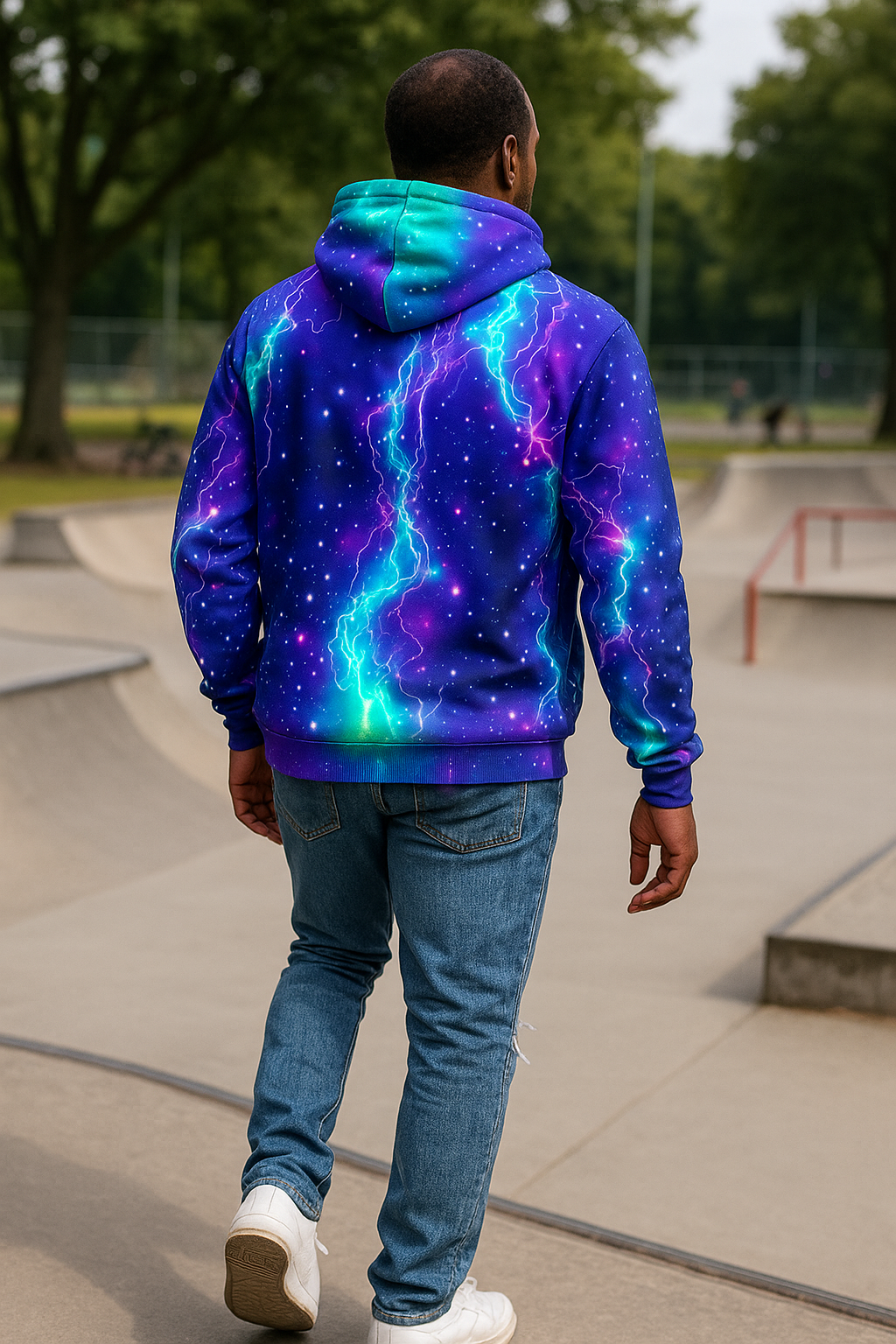 Galaxy Lightning Pullover Hoodie for Men – 3D Cosmic Print, Streetwear Style